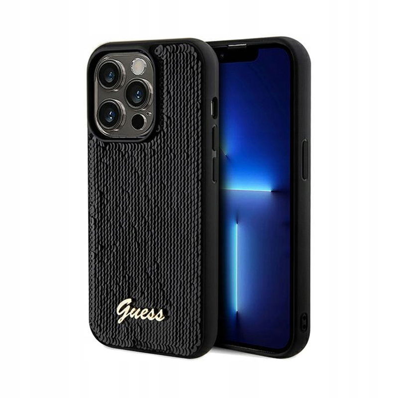 Guess Sequin Script Metal Puzdro na iPhone 14 Pro (čierne)