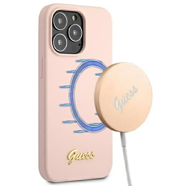 Guess Silicone Script MagSafe – puzdro na iPhone 13 Pro (ružové)