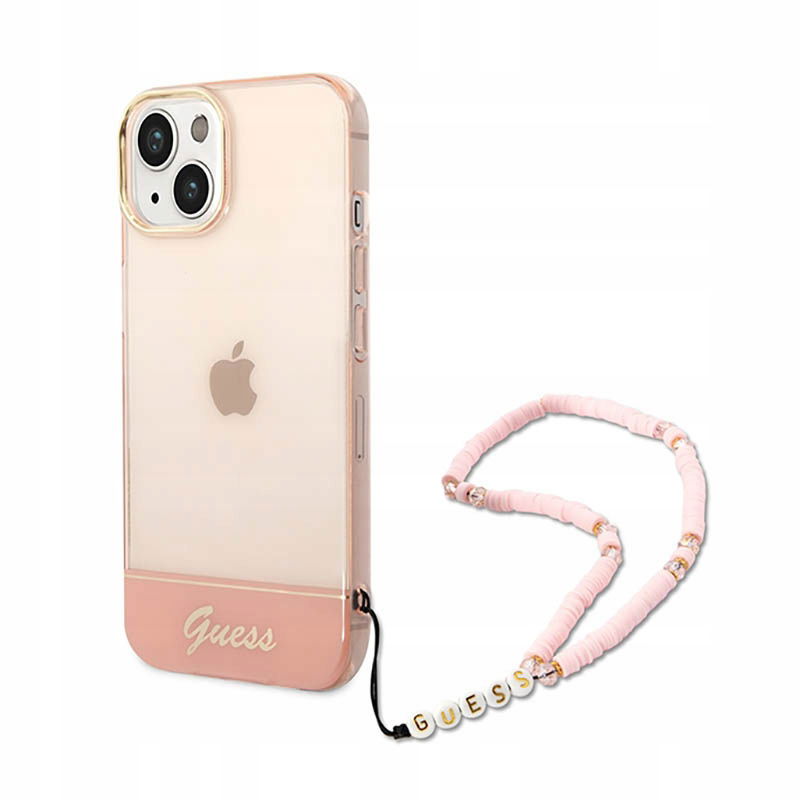 Guess Translucent Pearl Strap Puzdro na iPhone 14 Plus (ružové)