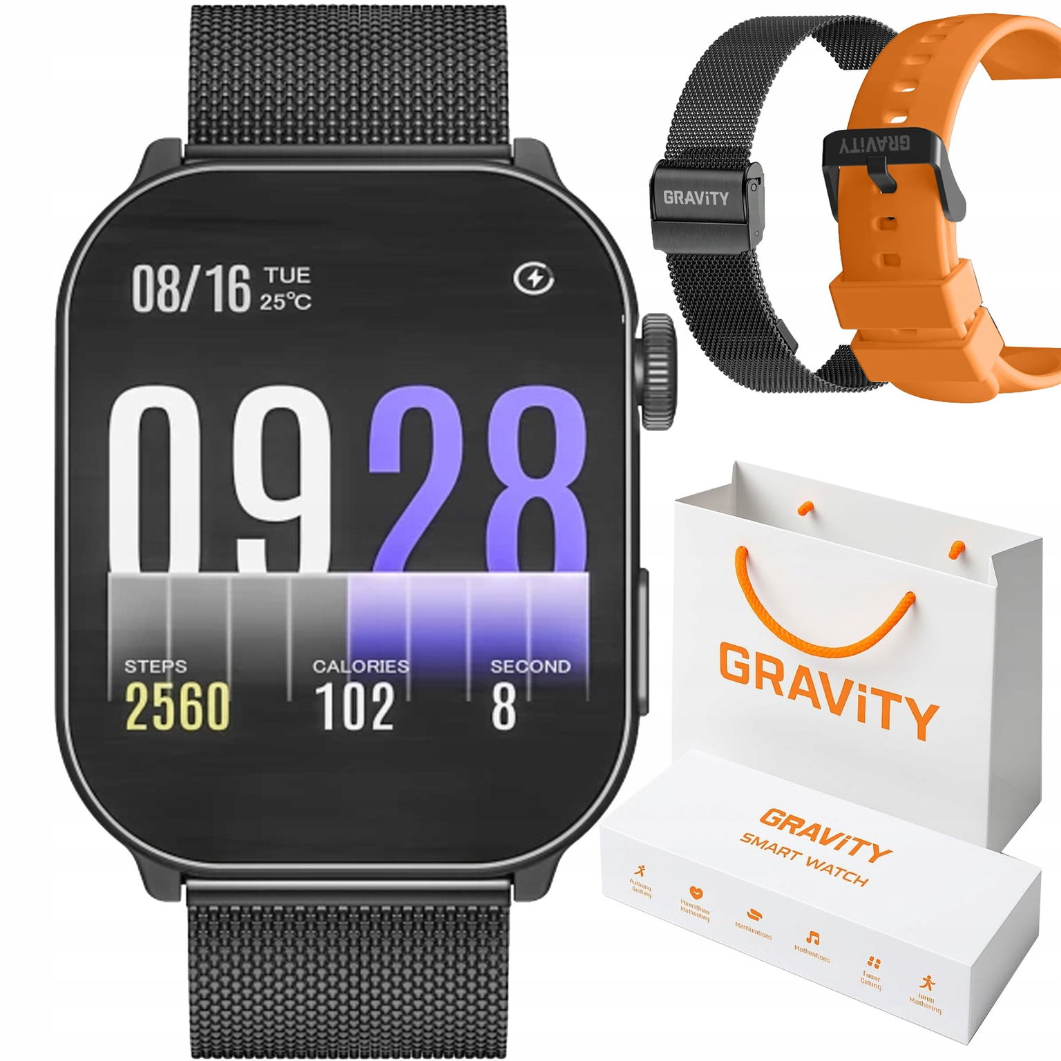 Hodinky Smartwatch Gravity T28-2 Bk/bk/og