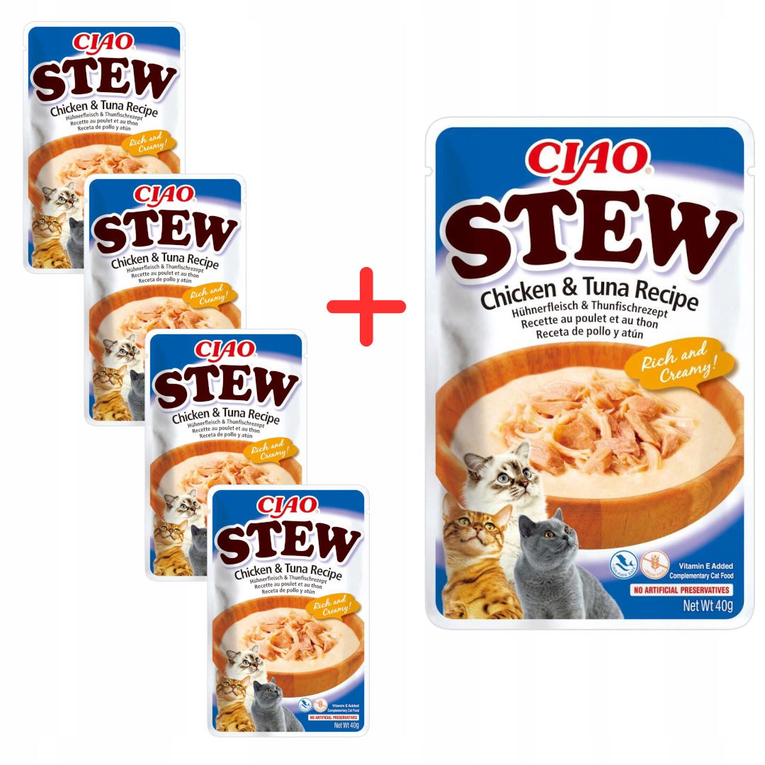 Inaba Cat Ciao Stew 4+1 (5x40 g) Doplnkové krmivo Guláš Kuracie Mäso Tuniak