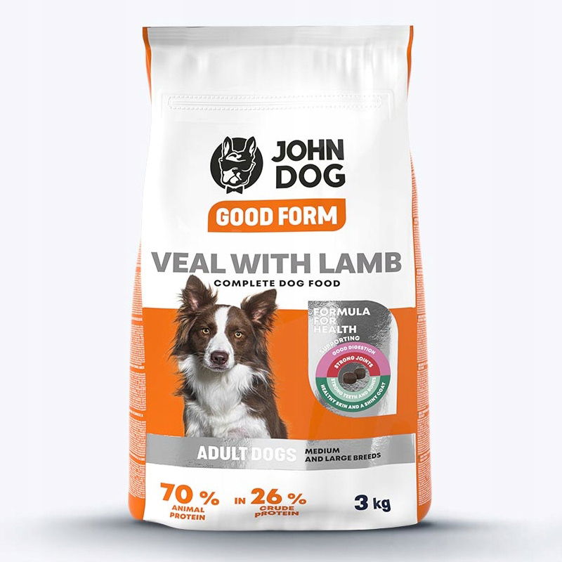 John Dog Good Form 3kg Suché krmivo Pre Psov Veľké plemená Teľacie jahňacie mäso