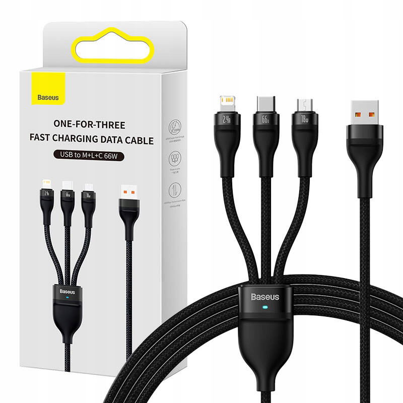 Kábel Baseus 3v1 66W Usb-c, microUSB, Lightning 1.2 m čierny