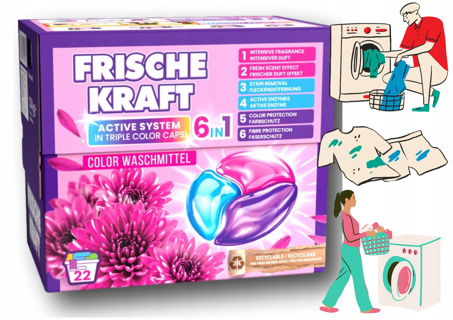 Kapsule na pranie farieb 44ks Color 6v1 nemecké Frische Kraft