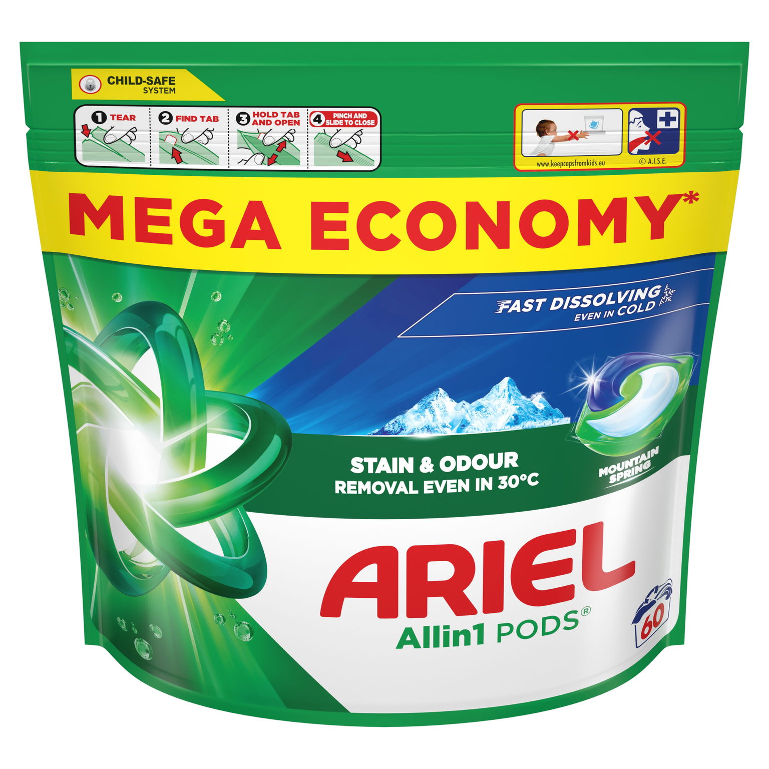 Kapsuly na pranie bielej bielizne Ariel Mountain Spring Allin1 60ks