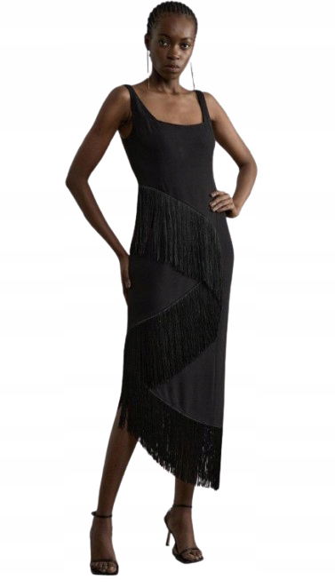 Karen Millen Čierna MIDI Sukňa S Strapcami Petite 38 B1F