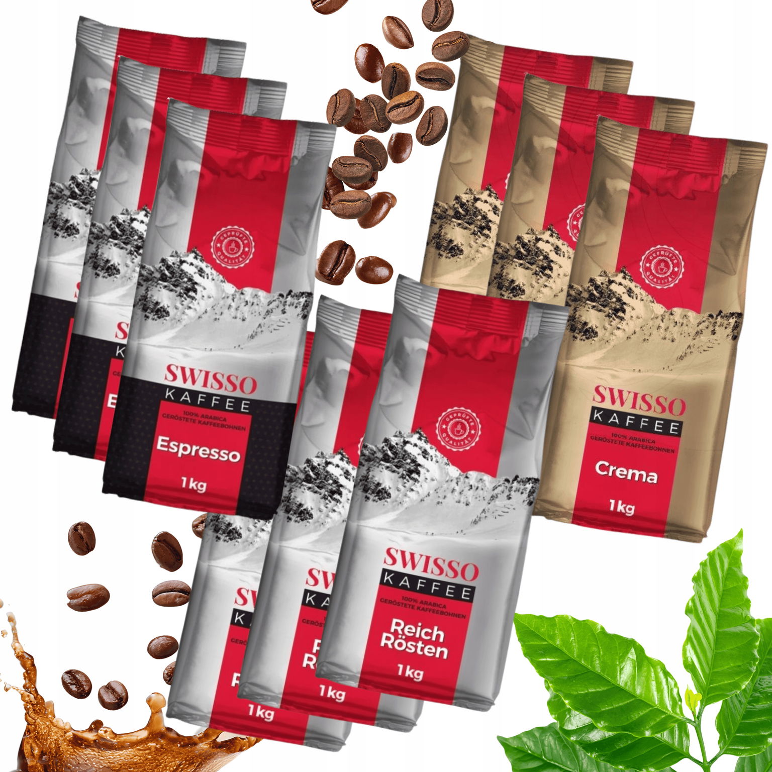 Káva zrnková 9x Swisso Kaffee 100 % Arabica 3x Crema 3x Rr 3x Espresso