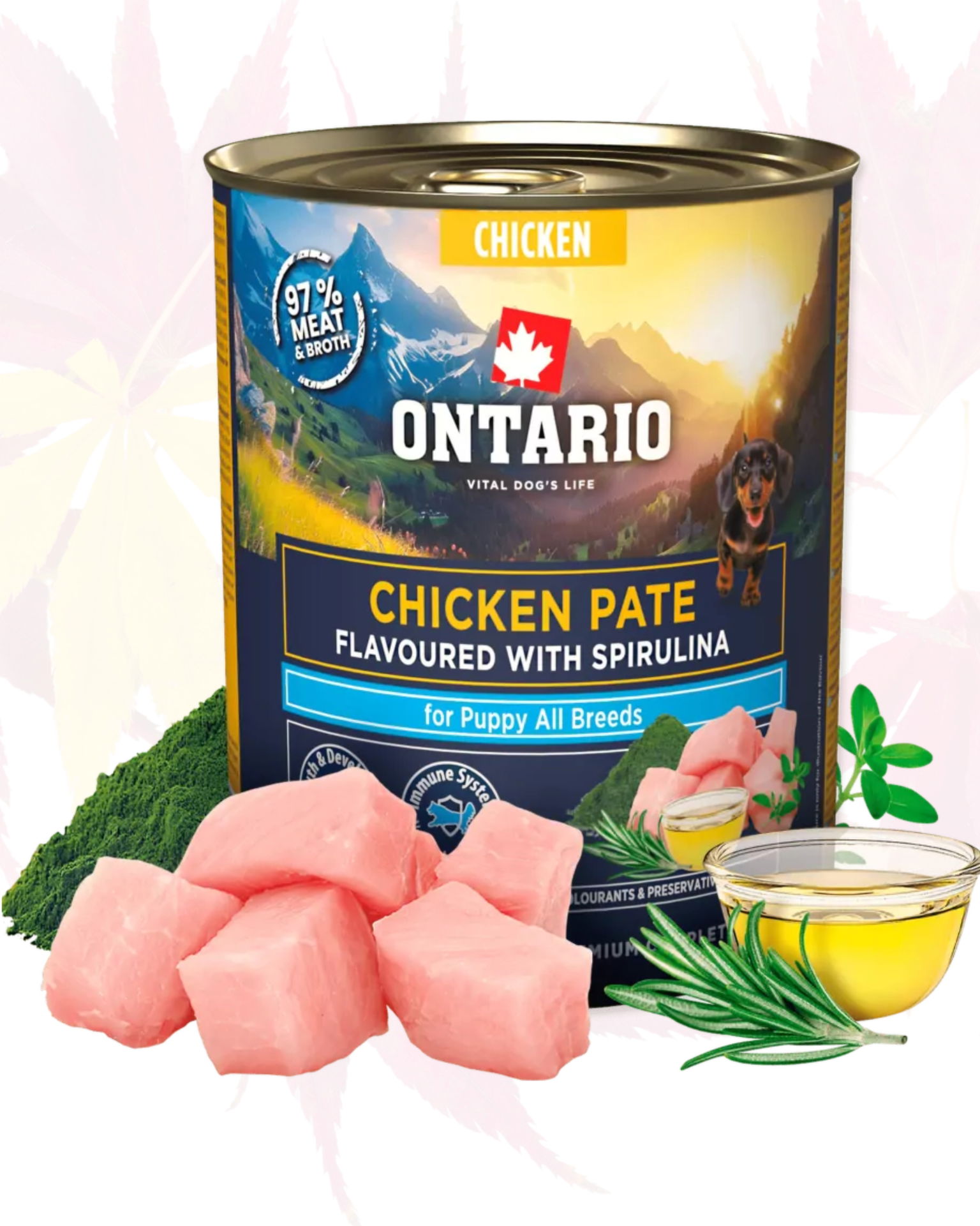Konzerva Ontario Puppy kuracie pate s príchuťou spiruliny 800g