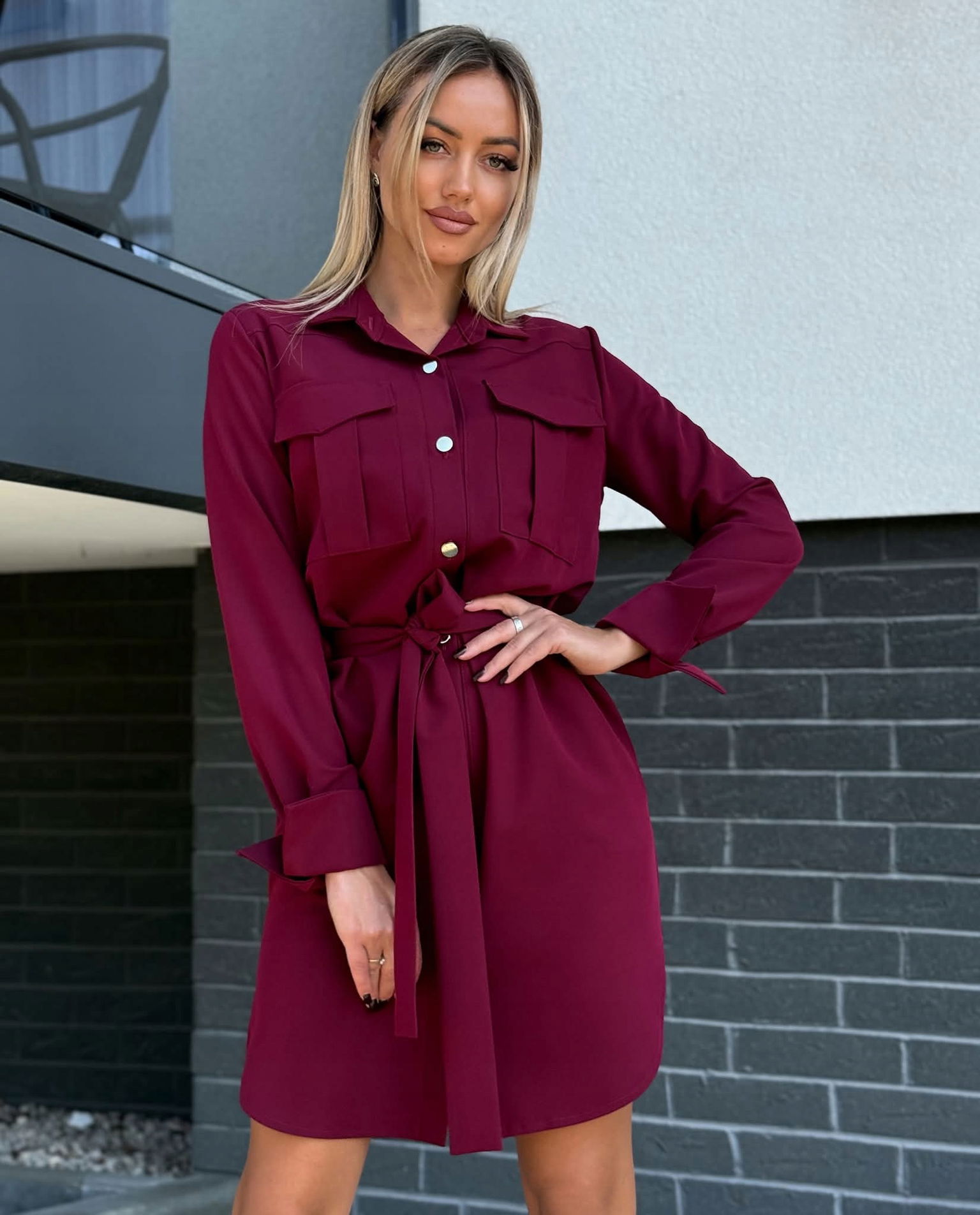 Košeľová sukňa Marina Elegantná s opaskom Bordó Xs