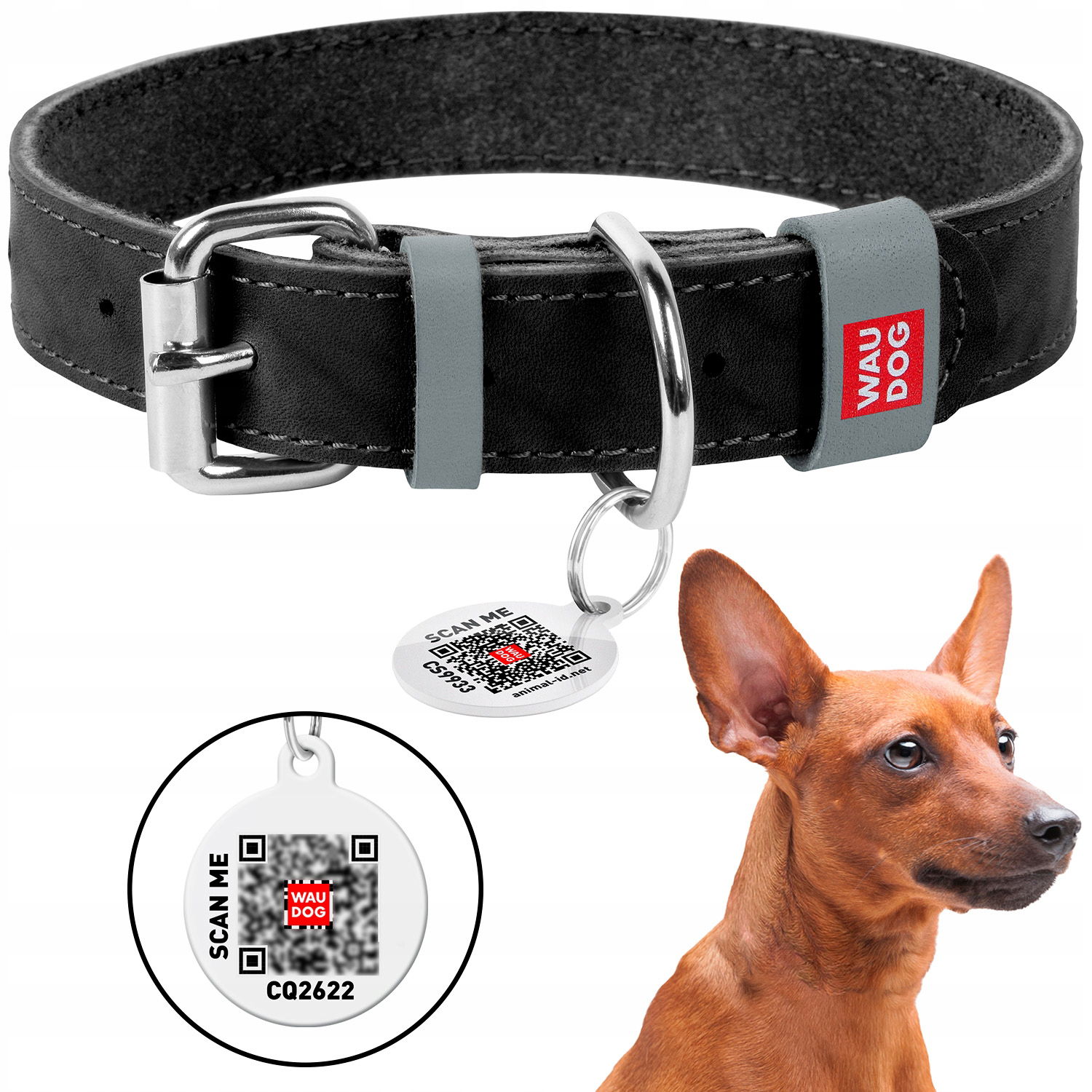 Kožený obojok pre psa Qr Adresa Zadarmo, čierny, veľkosť XL