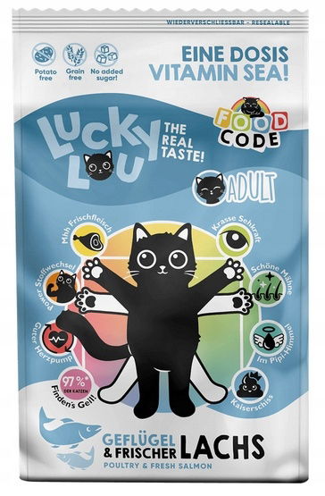 Krmivo pre mačky bez umelých prísad Lucky Lou 42% Hydina, 20% Losos 750 g