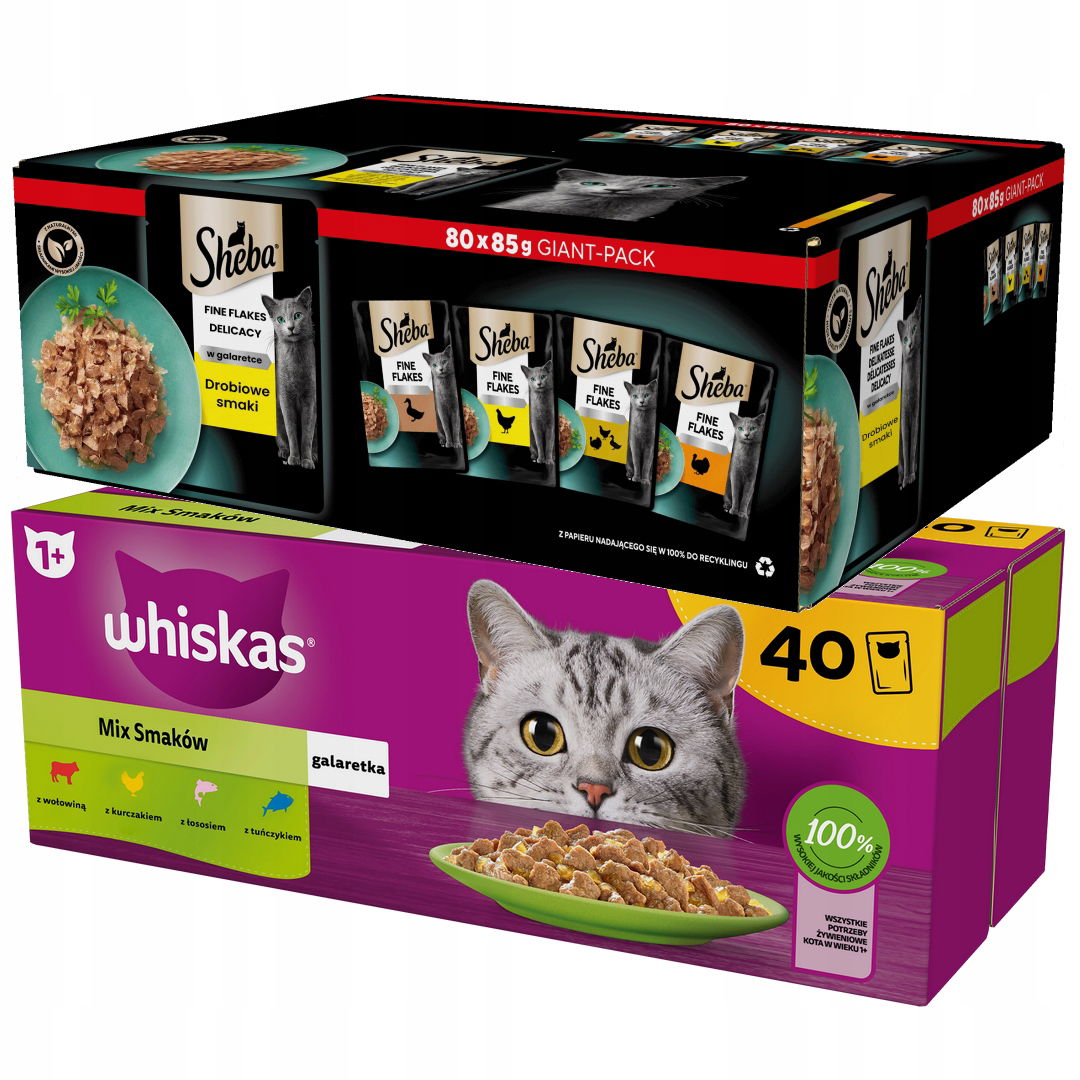 Krmivo Pre Mačky Whiskas MIX Chutí 40x85g Sheba Delicacy V Želé 80x85g