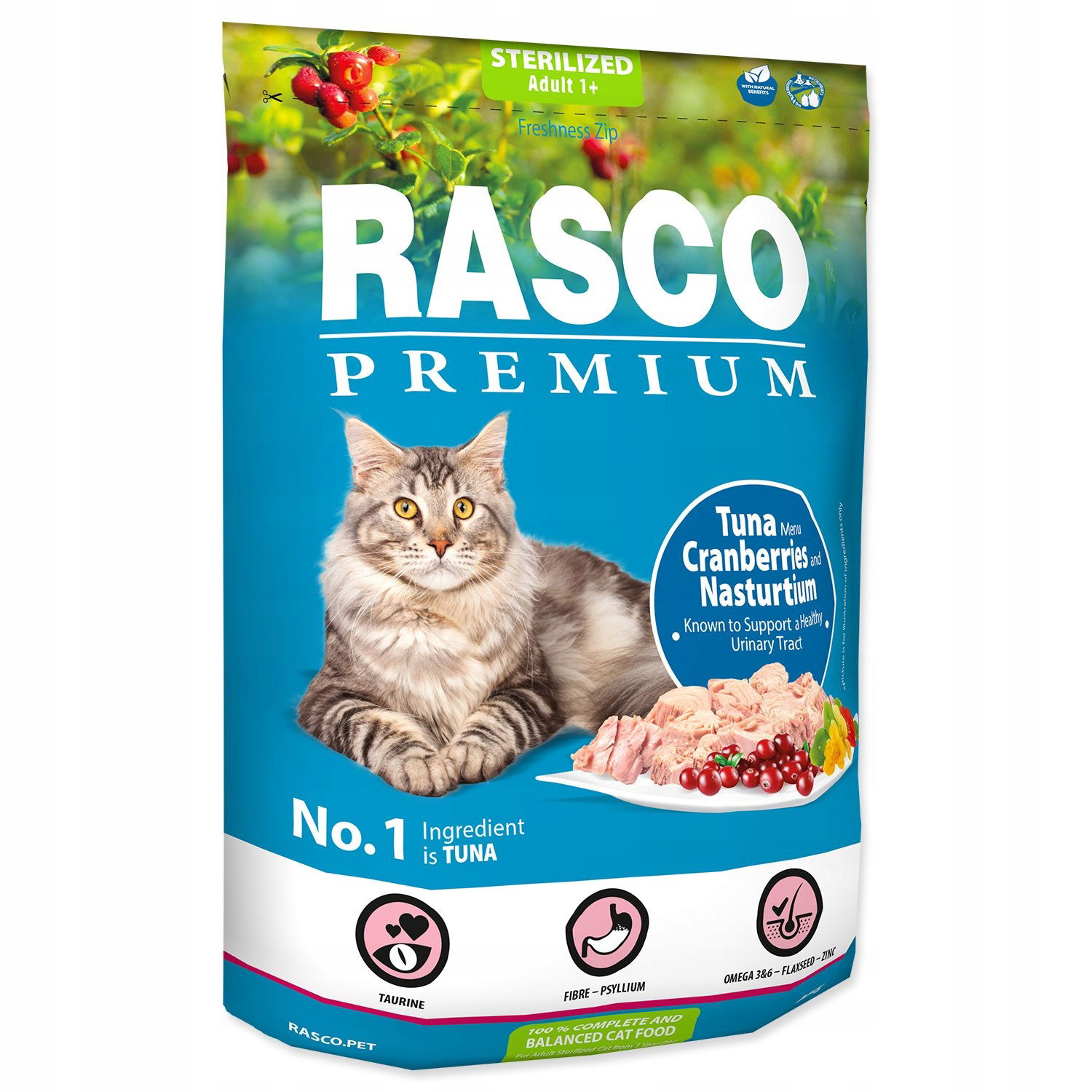 Krmivo Rasco Premium Sterilized tuniak s brusnicou a kapucínka 0,4kg