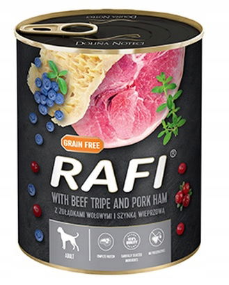 Krmivo s vitamínmi pre dospelých psov Rafi Hovädzie žalúdky a šunka 800 g