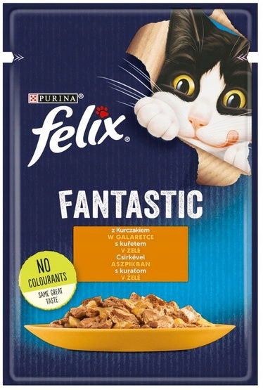 Lahodné krmivo pre mačky Felix Fantastic Vrecko s kuracím mäsom v želé 85 g