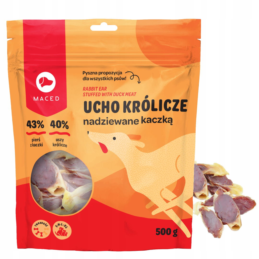 Maced Králičie Ucho Plnené Kačicou Hryzátko Pochúťka Pre Psa 500 g