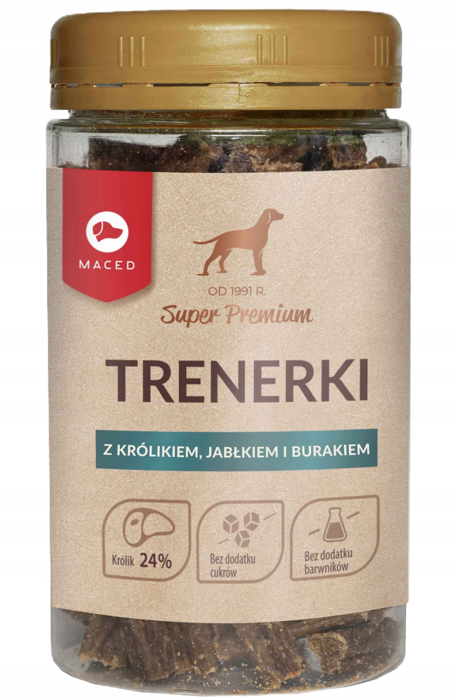 Maced Trénerky Kurča s králikom a jablkom 150g Chutná pochúťka pre psa