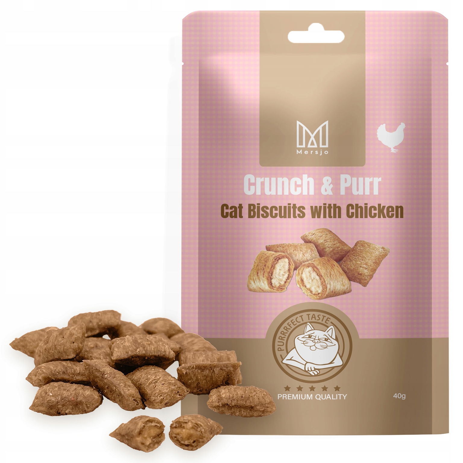 Maškrta pre mačky Crunch & Purr: Mäkké kuracie sušienky Mersjo 40g