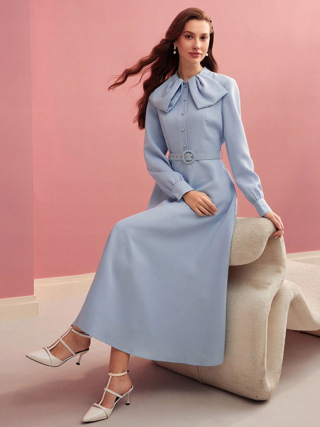 Maxi Elegantná Koktejlová Sukňa S Opaskom, Modrá, Premium Motf, Veľkosť 36