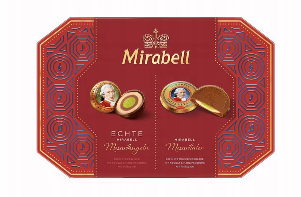 Mirabell Mozart Kugeln Teller Čokoládový Marcipán Pralinky Bombonierka 234 G