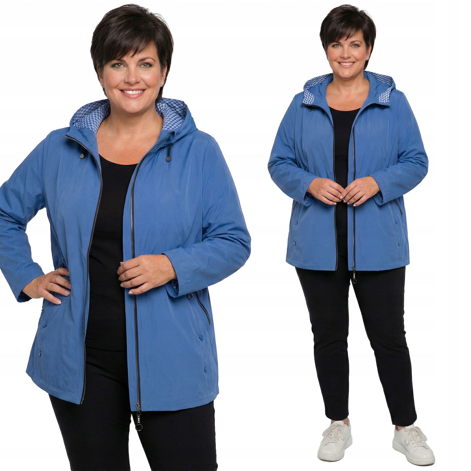 Modrá bunda s kockovanou kapucňou plus size veľkosť 60