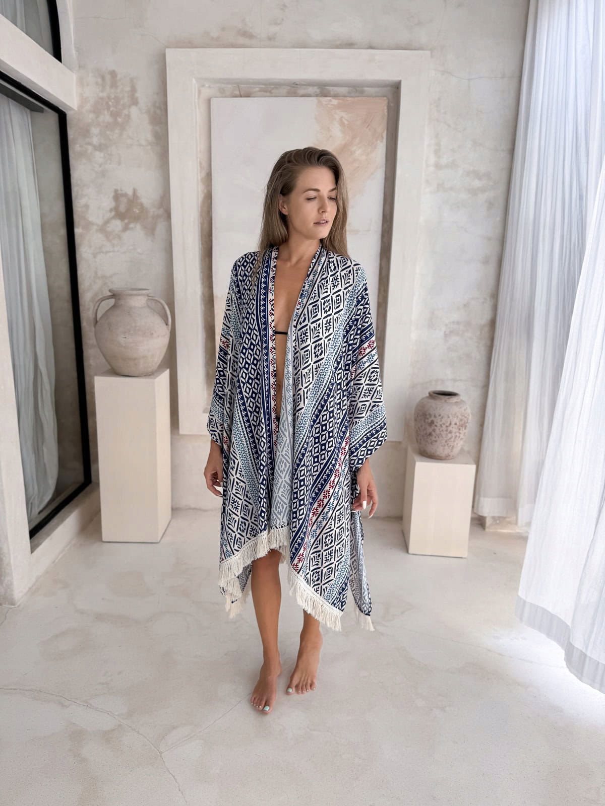 Modrý boho plážový prehoz kimono s strapcami, šaty na pláž Zen
