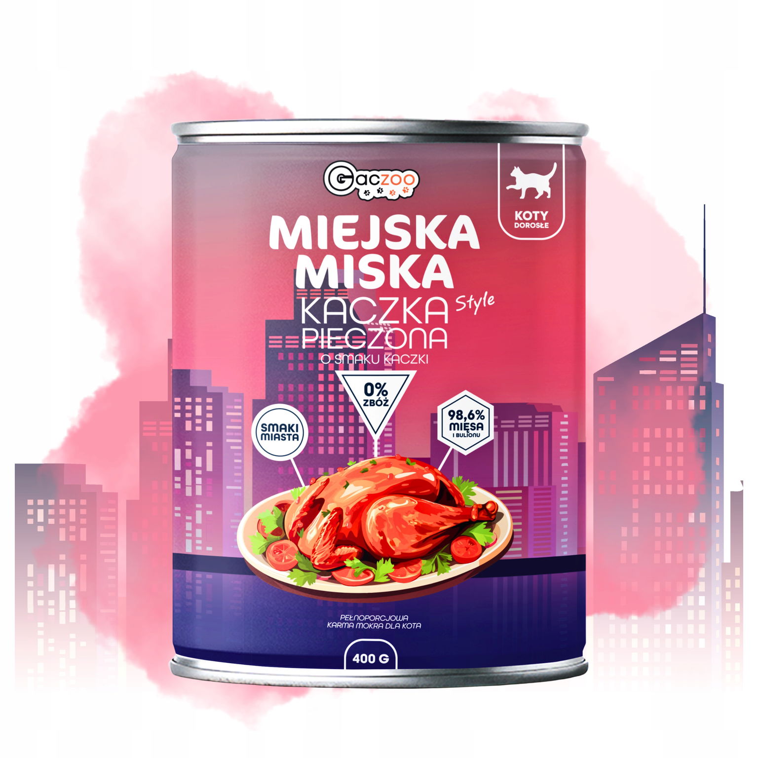Mokré krmivo pre mačky Mestská miska Gaczoo Pečená kačica 400g bez obilnín
