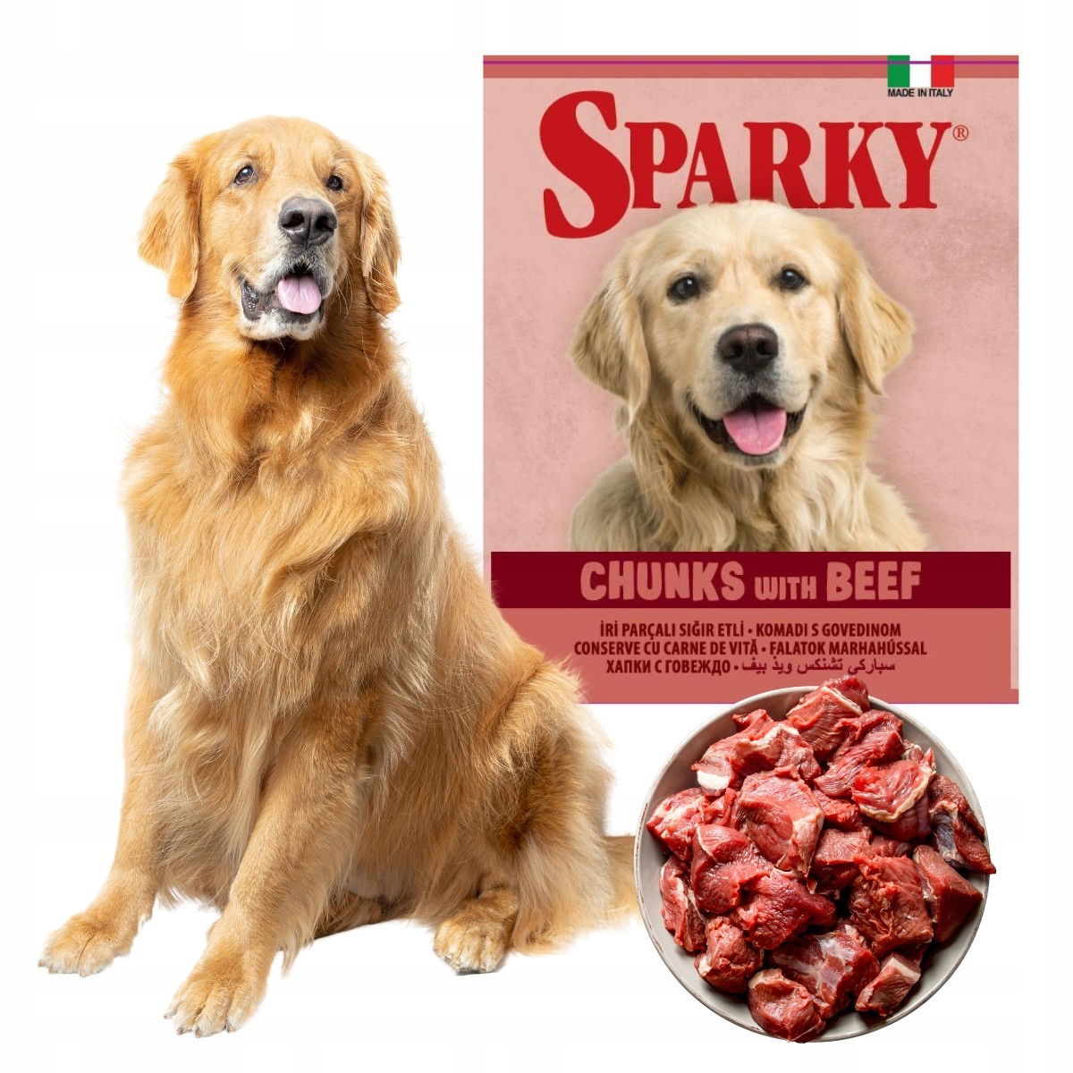 Mokré talianske krmivo pre psov Sparky 415 g, konzervované hovädzie mäso
