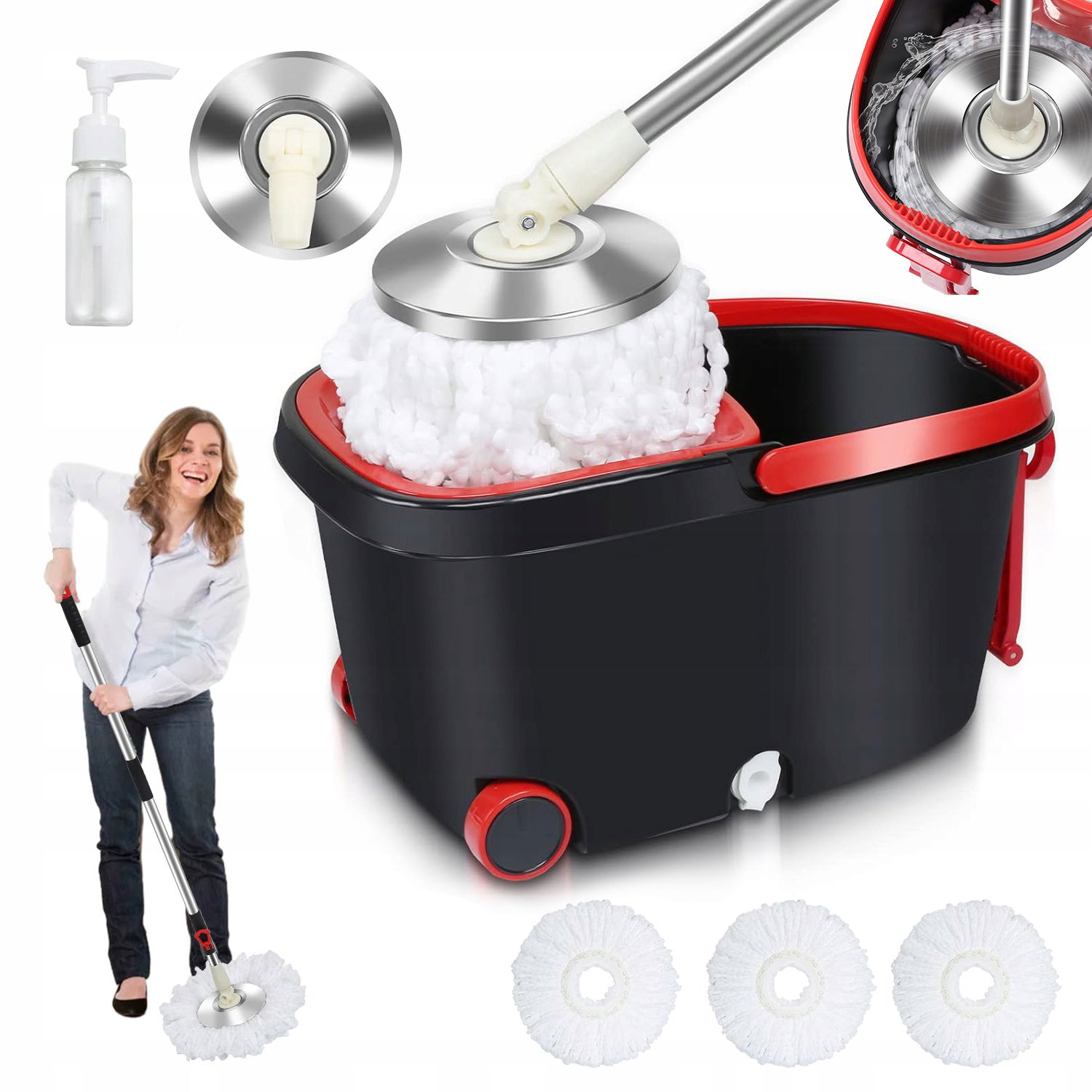 Mop S Vedierkom 2V1 7.5 L 360° Nastaviteľný 95-125 CM 3 Utierky Z Mikrovlákna