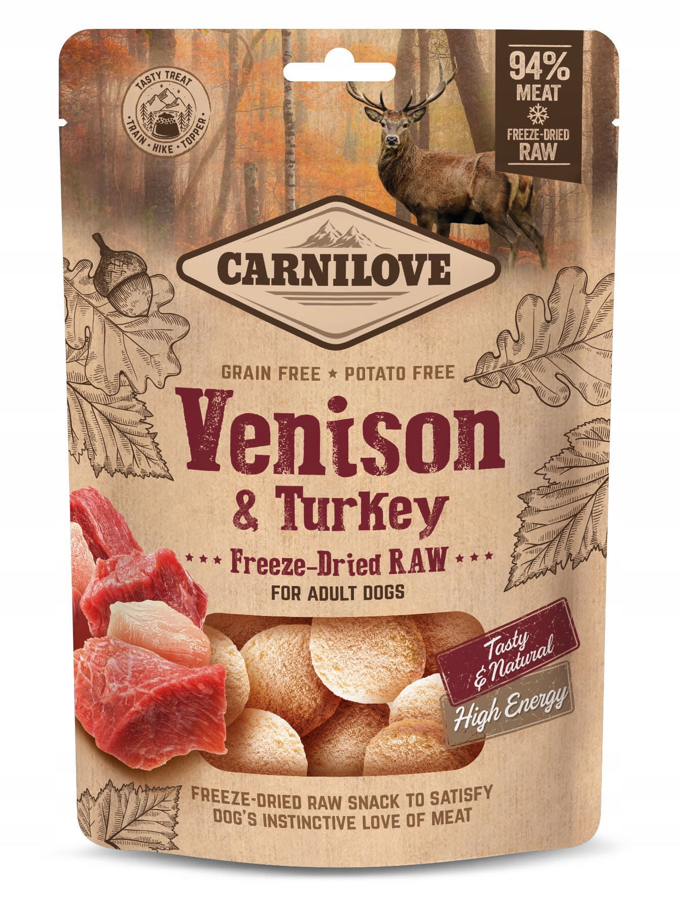 Mrazom sušený snack pre psov Carnilove surová zverina & morka 60 g
