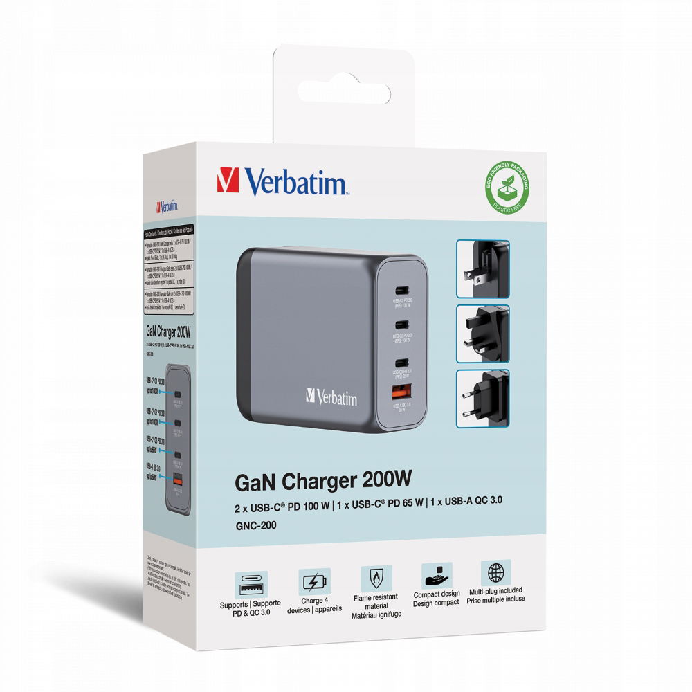 Nabíjačka Verbatim GaN GNC-200 3xUSB-C Pd (2x100W+65W) 1xUSB-A Qc