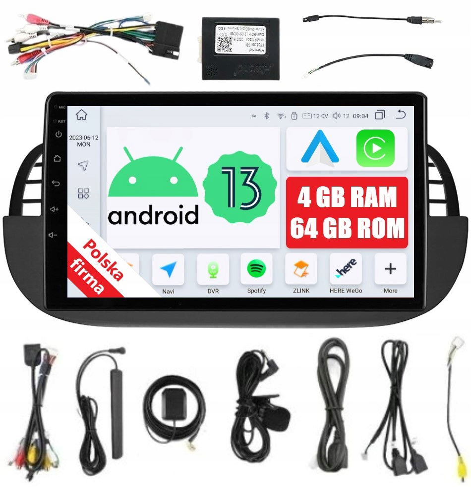 Navigácia Rádio 2DIN Android Fiat 500 4/64 Gb Dsp Carplay Lte Qled