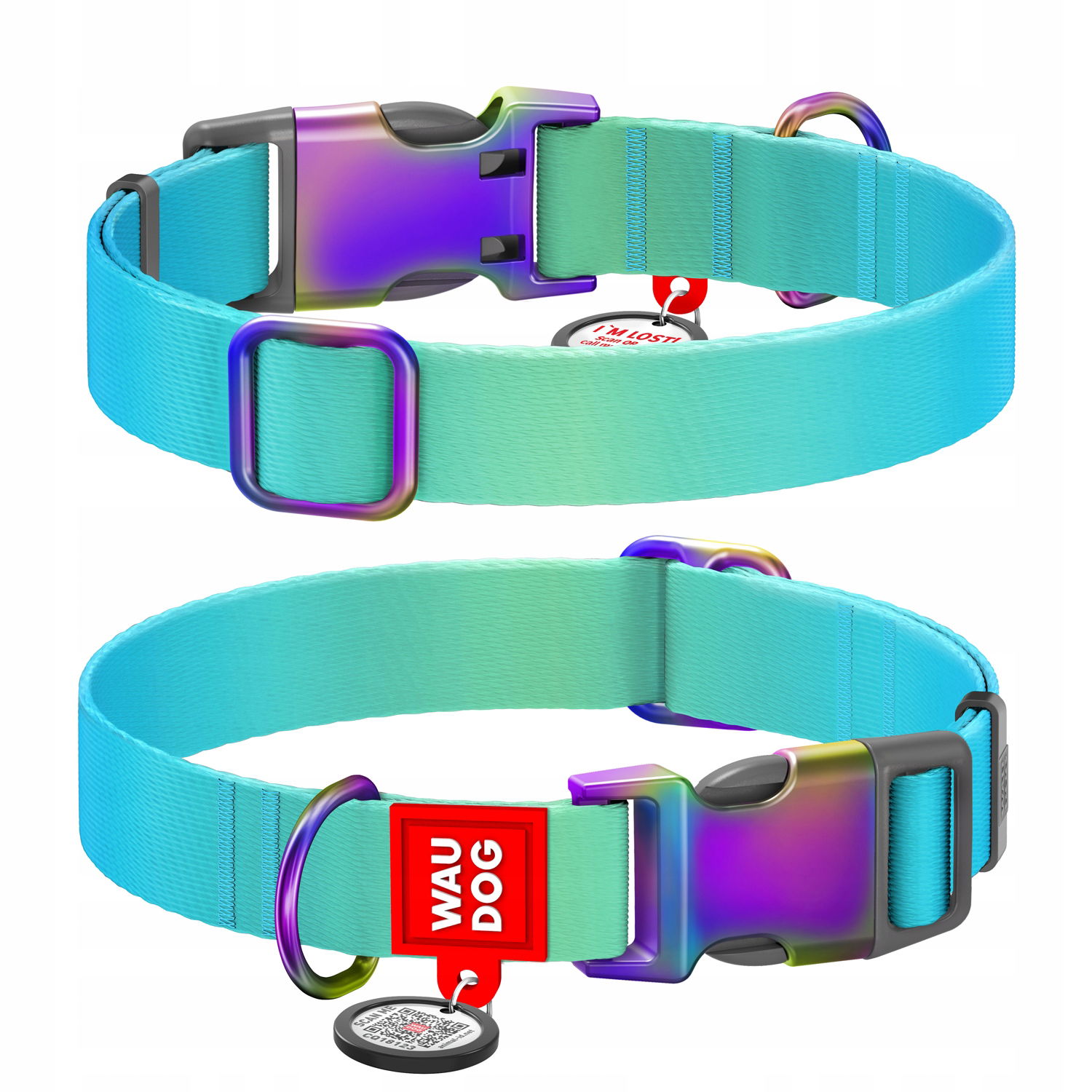 Nylonový obojok s Qr kódom pre psa Waudog gradient, modrý, veľkosť M