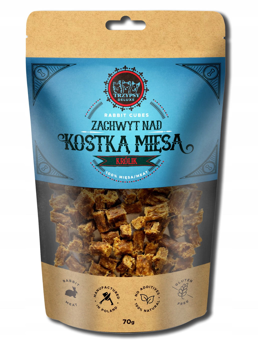 Očarenie nad kockou mäsa z králika, pochúťka pre psa 70 g