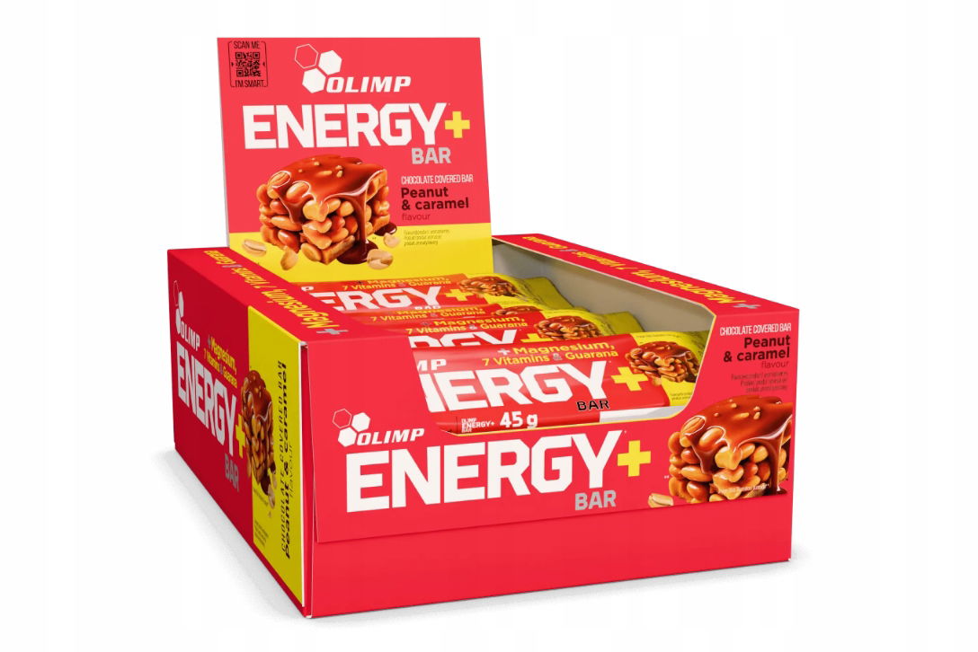 Olimp Energy+ Bar 20x 45 g Peanut Caramel Tyčinka Energetická tyčinka Kofeín