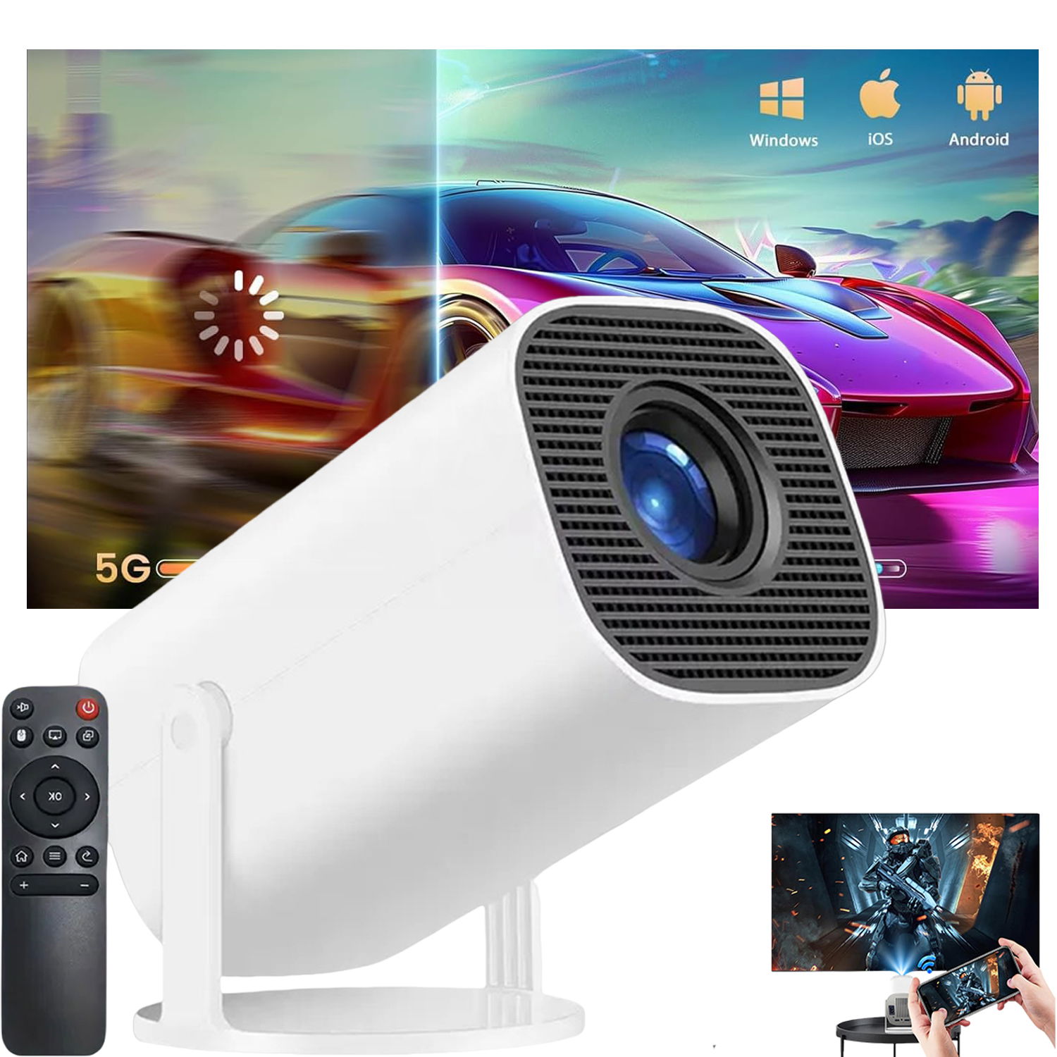 Otočný Mini Projektor 1080P 180° Wifi, Bluetooth Smart Tv, ANDROID12