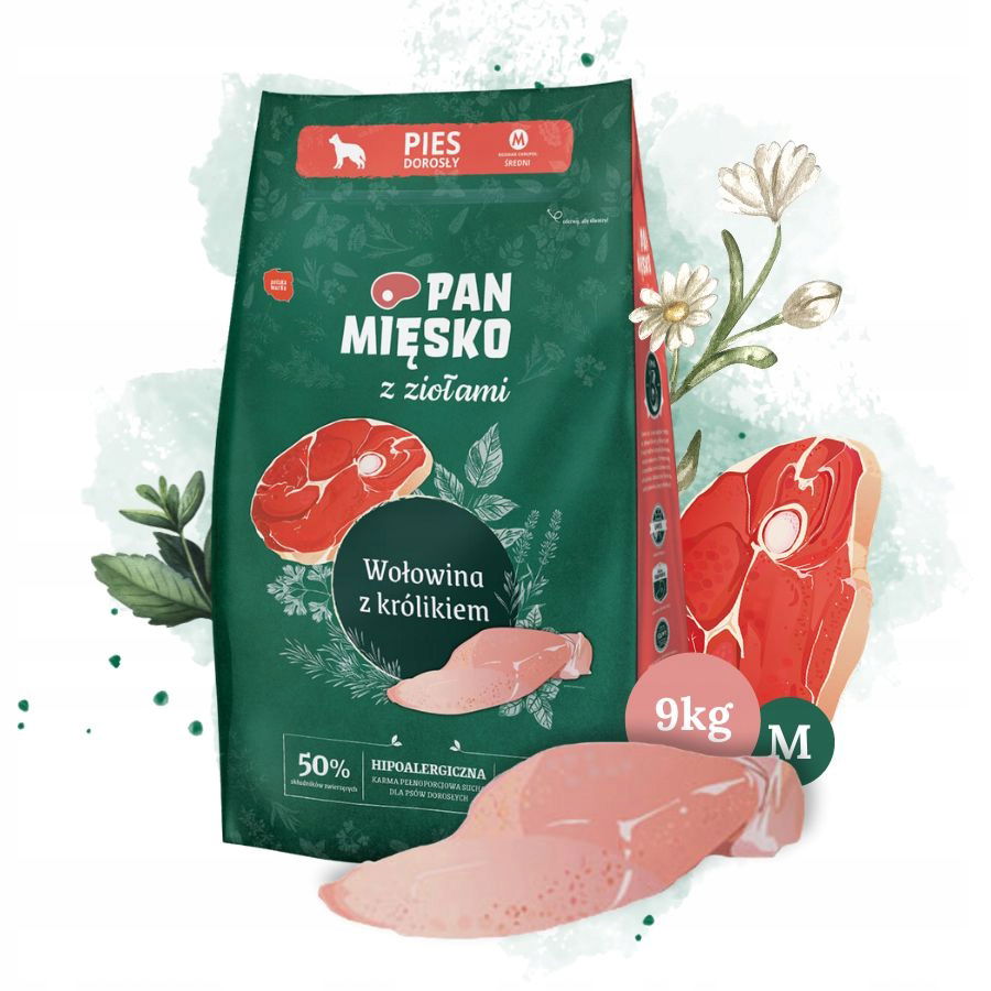 Pan Mięsko s bylinkami suché krmivo pre psa Hovädzie Králik Stredné plemená M 9 kg