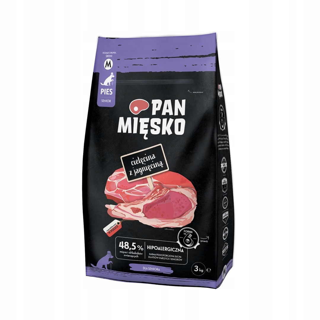 Pan Mięsko Teľacie mäso s jahňacím mäsom suché krmivo pre psa s chrumkami M 3 kg