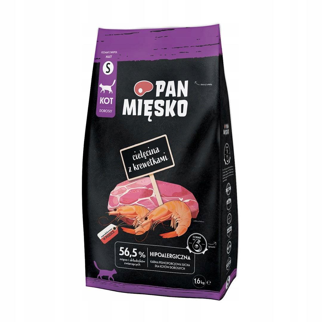 Pan Mięsko Teľacie mäso s krevetami suché krmivo pre mačky s chrumkami S 1,6 kg