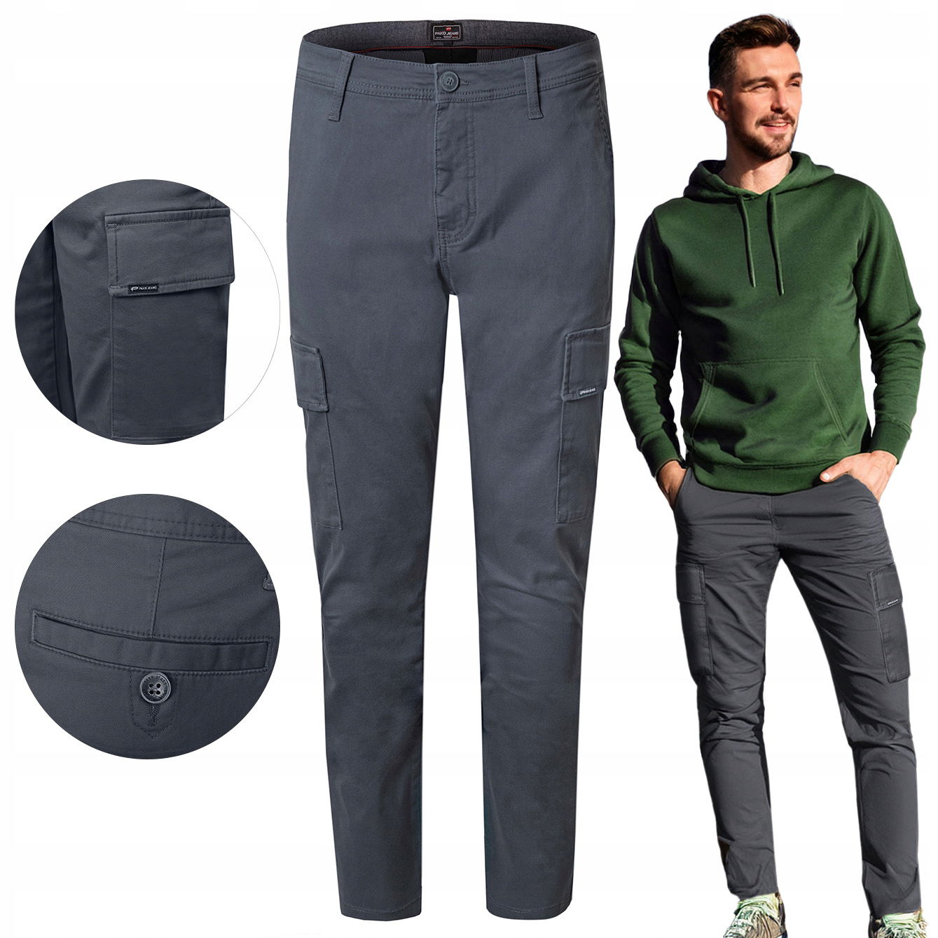 Pánske Grafitové Nohavice s vreckami Cargo Slim Fit W32/L32 Pako Jeans