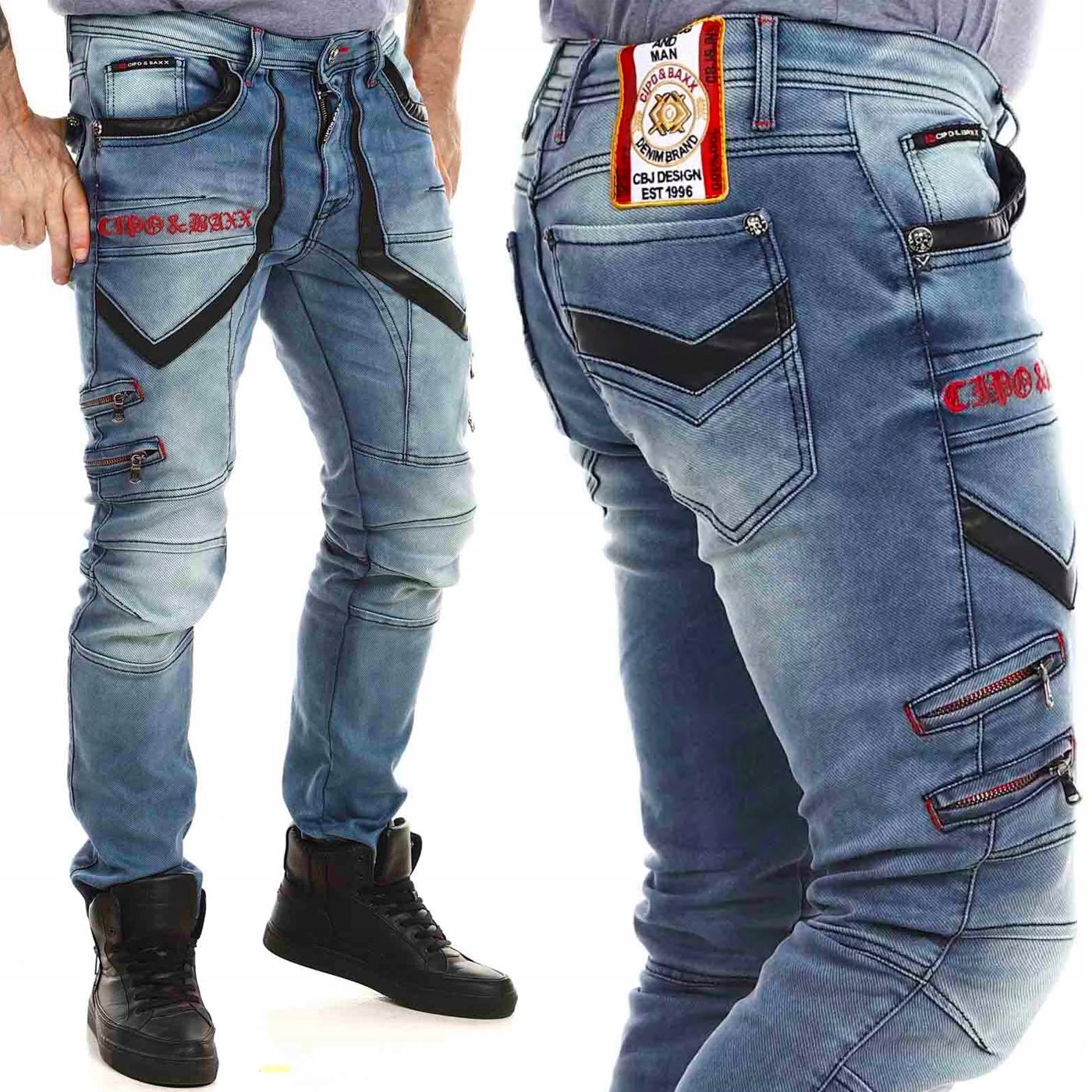 Pánske nohavice Džínsy Koža Biker Vyšívané Elastické