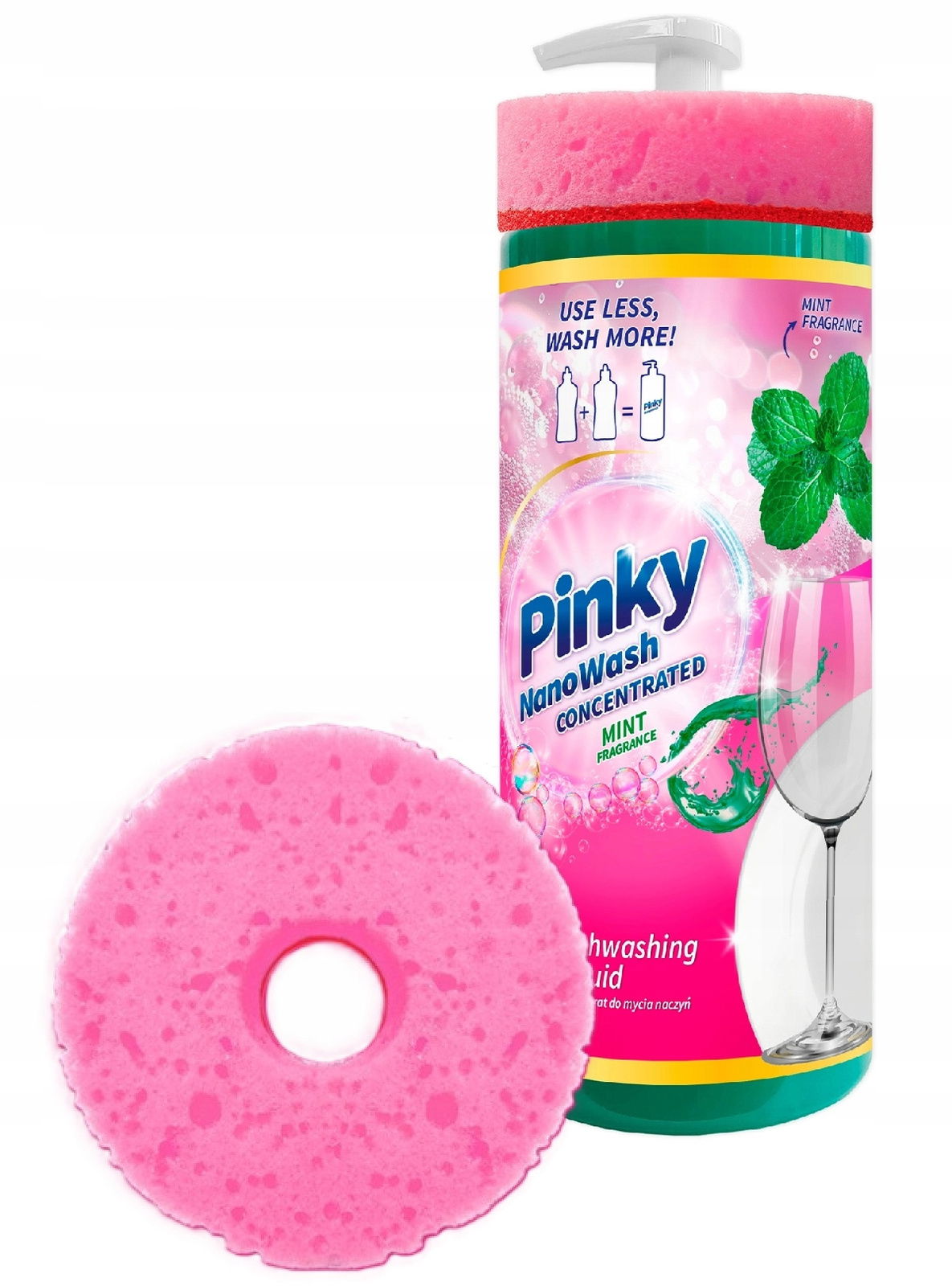 Pinky NanoWash Tekutý prostriedok na umývanie riadu koncentrát pumpička mäta špongia 1L