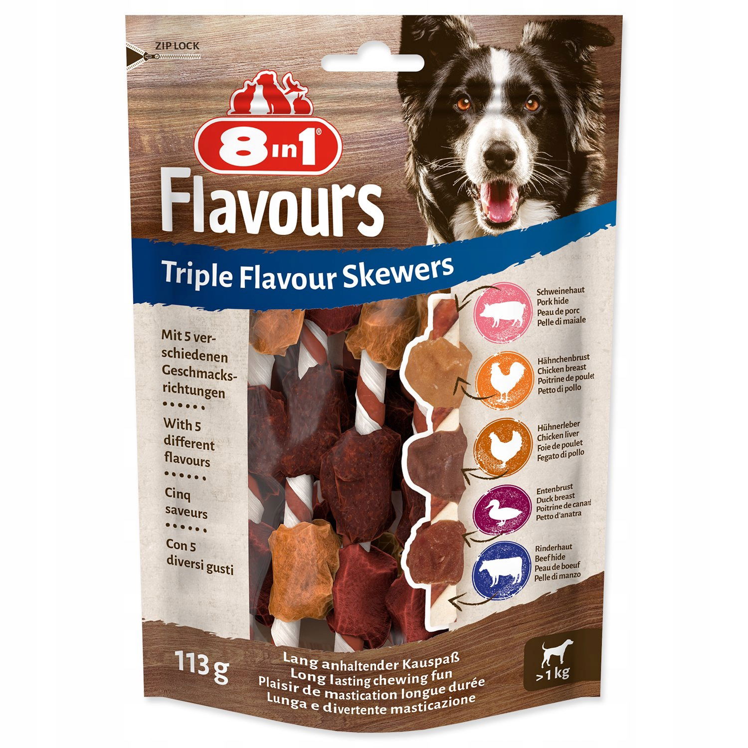 Pochúťka 8in1 Flavours Triple Flav.Skewers 113g/6ks