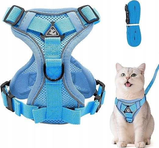 Postroj pre mačku s reflexným vodítkom, nastaviteľný, priedušný, modrý Xs