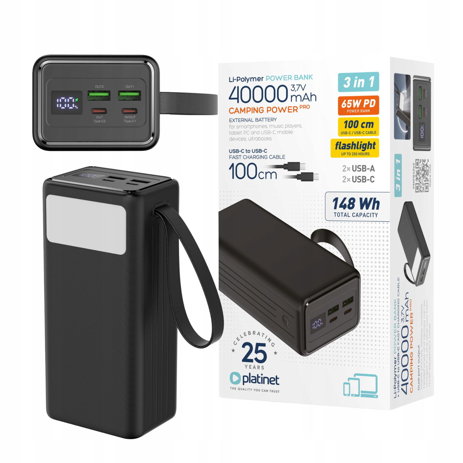 Powerbank 40000 mAh 2xUSB 2xUSB-C Pd Qc 3.0 65W Rýchle Nabíjanie Kabel