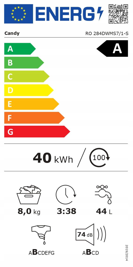 Práčka Candy Ro 284DWMS7/1-S Energetická trieda A Predná strana
