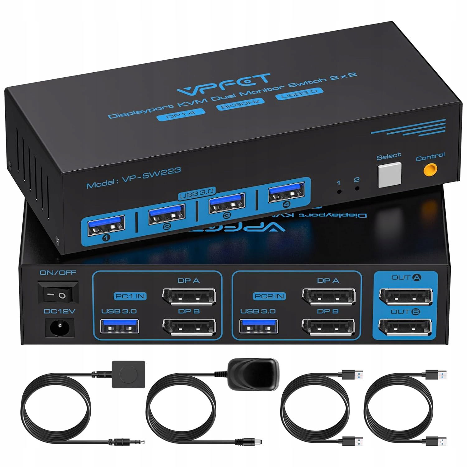 Prepínač Kvm DisplayPort 2xPC pre 2 monitory 4K120Hz 8K60Hz USB3.0