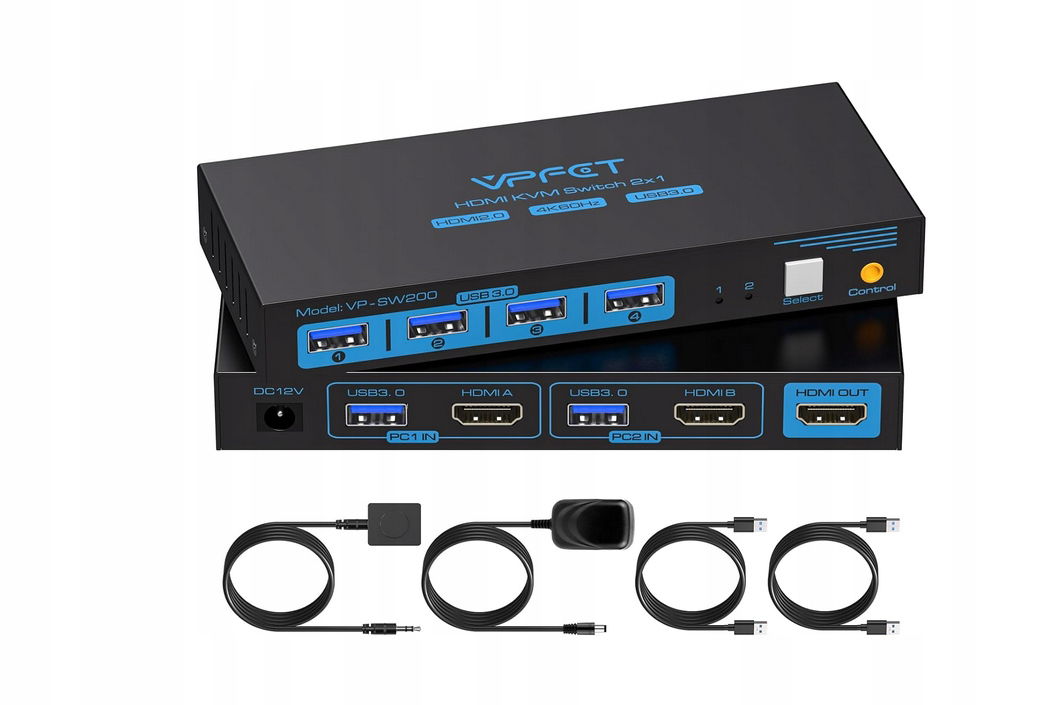 Prepínač Switch Kvm Usb 3.0 Box 2x Hdmi 4K Dva monitory Vpfet Vp-sw200