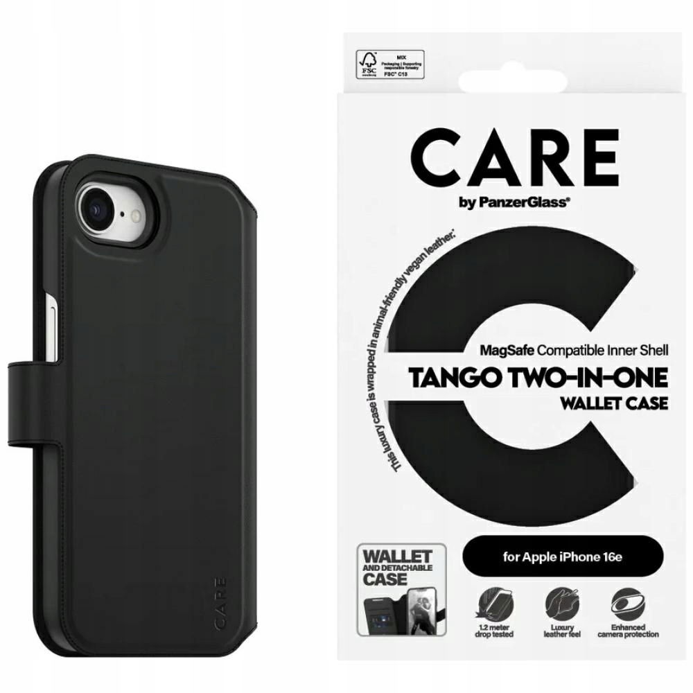 Puzdro Care by PanzerGlass Feature Tango 2v1 Wallet pre iPhone 16e, čierne