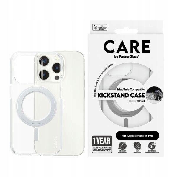 Puzdro Care od PanzerGlass Kickstand Case MagSafe pre iPhone 15 Pro strieborné